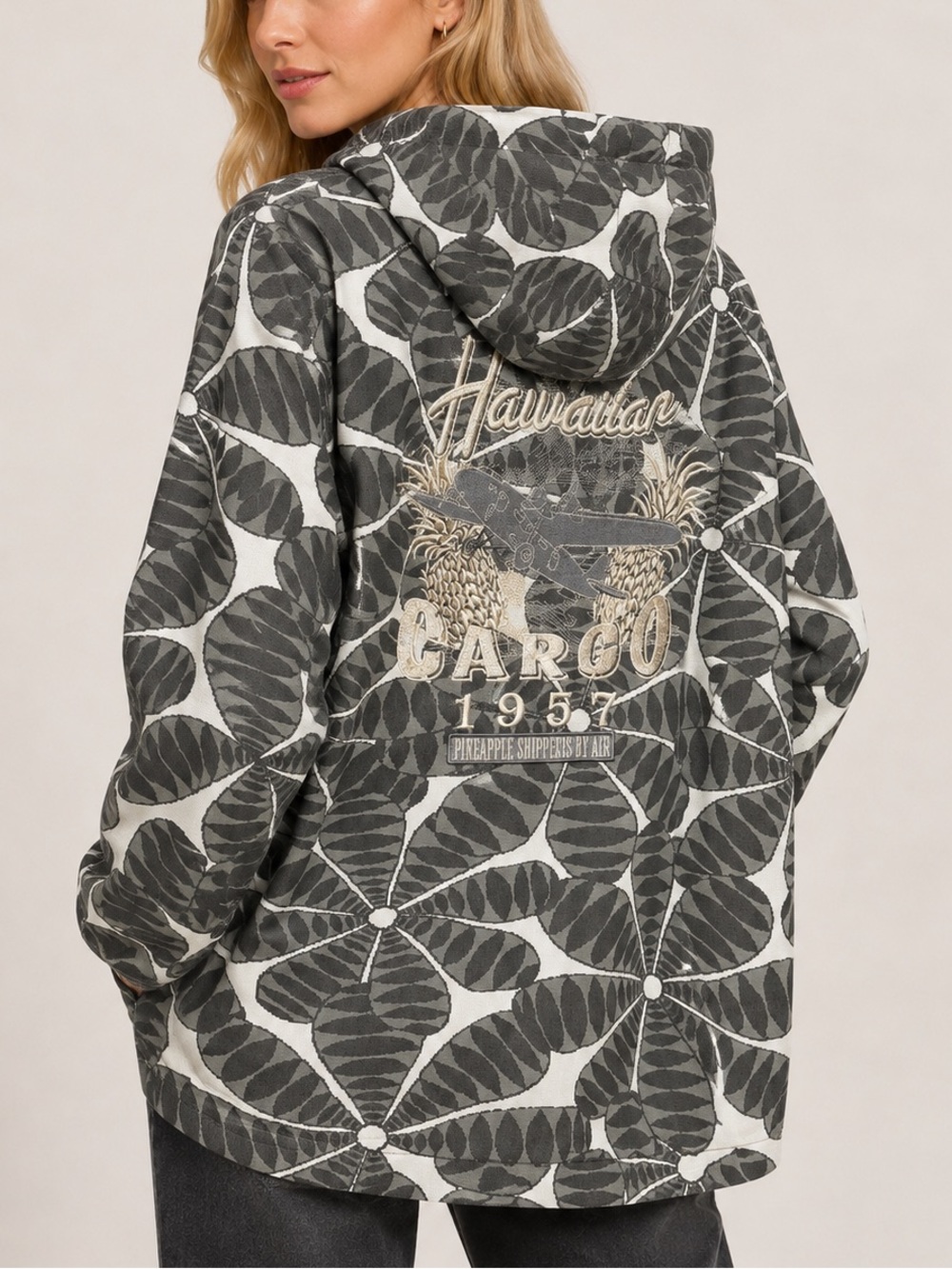 Custo Barcelona Gray White Floral Hoodie Hawaiian Cargo Graphic Zip Jacket